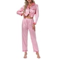 thumbnail image 1 of INSPIRE CHIC Womens Satin Pajama Set Silky Long Sleeve Button Down Striped Leopard Sleepwear with Pocket S Pink Striped, 1 of 5
