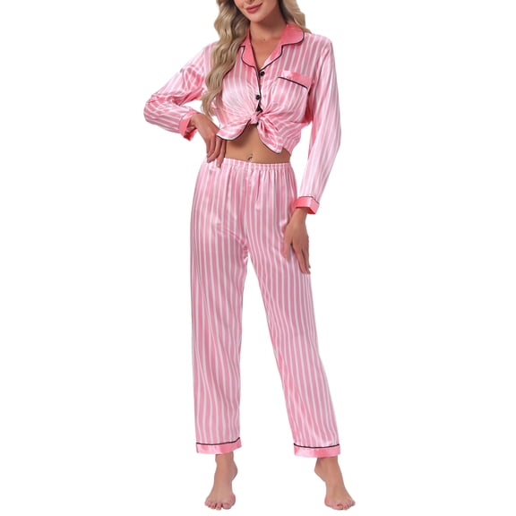 INSPIRE CHIC Womens Satin Pajama Set Silky Long Sleeve Button Down Striped Leopard Sleepwear with Pocket S Pink Striped