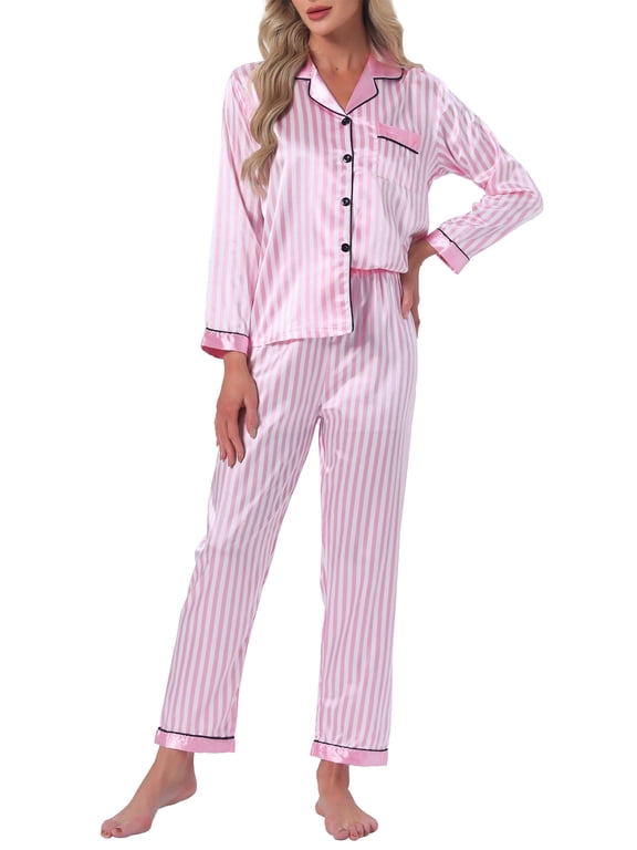 Women's Satin Pajama Set Silky Long Sleeve Button Down Striped Leopard Sleepwear with Pocket XL Light Pink Striped