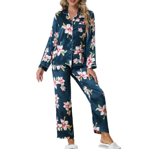 INSPIRE CHIC Women's Satin Pajama Sets Floral Button Down Shirt and Pants Silky Sleepwear 2 Pcs PJ Set XS Navy Blue