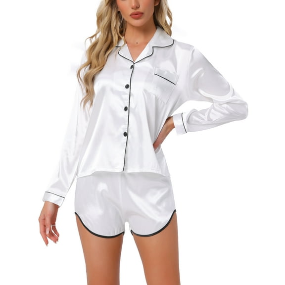 INSPIRE CHIC Women's Satin Pajamas Set Long Sleeve Button Down Top and Shorts 2 Piece Silky Pjs Set XS White