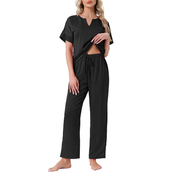 INSPIRE CHIC Womens Satin Pajamas Silky Short Sleeve V Neck Shirt with Long Pant Soft Loungewear Pjs Set L Black