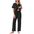 thumbnail image 1 of INSPIRE CHIC Womens Satin Pajamas Silky Short Sleeve V Neck Shirt with Long Pant Soft Loungewear Pjs Set S Black, 1 of 6