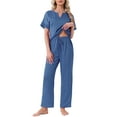 thumbnail image 1 of INSPIRE CHIC Womens Satin Pajamas Silky Short Sleeve V Neck Shirt with Long Pant Soft Loungewear Pjs Set S Blue, 1 of 6