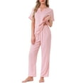 thumbnail image 1 of INSPIRE CHIC Womens Satin Pajamas Silky Short Sleeve V Neck Shirt with Long Pant Soft Loungewear Pjs Set S Pink, 1 of 6