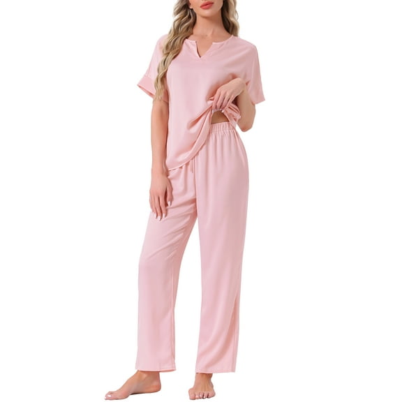 INSPIRE CHIC Womens Satin Pajamas Silky Short Sleeve V Neck Shirt with Long Pant Soft Loungewear Pjs Set S Pink