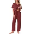 thumbnail image 1 of INSPIRE CHIC Womens Satin Pajamas Silky Short Sleeve V Neck Shirt with Long Pant Soft Loungewear Pjs Set S Red, 1 of 6