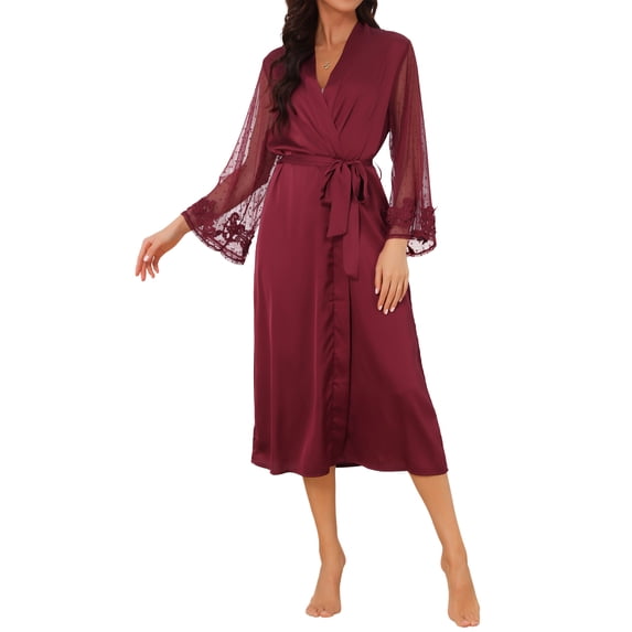 INSPIRE CHIC Women's Satin & Chiffon Robe Long Sleeve Semi-Sheer Wrap Bathrobe with Belt for Bridal & Loungewear L Wine