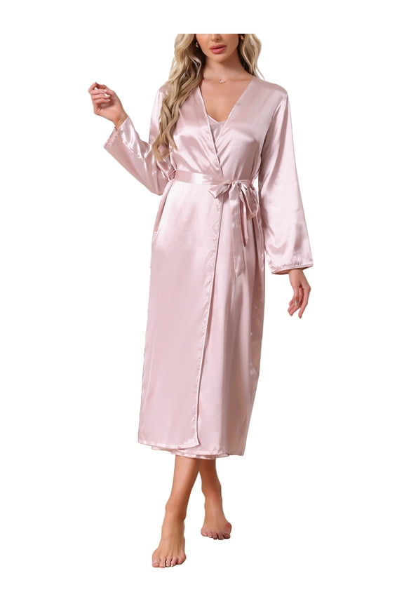 Women's Satin Robe Set 2 Pieces Nightgown Silky Soft Midi Camisole Sexy Pajama Sets Kimono Bridesmaid Robes M Pink