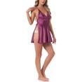 thumbnail image 1 of INSPIRE CHIC Women's Lace Nightie Plunging V-Neck High Slit Slim Fit Chemise medium Raspberry, 1 of 6