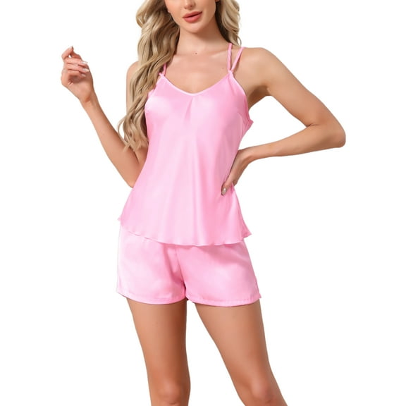 INSPIRE CHIC Womens Satin Short Loungewear Sets Dual Straps Sleeveless Racer Back Sexy Silky Cami Pajama Sets 2 Pcs 2XL Pink