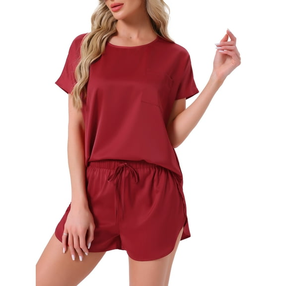INSPIRE CHIC Womens Satin Silky Pajama Set Short Sleeve Crew Neck Front Pocket Top and Drawstring Shorts Sleepwear S Dark Red