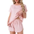 thumbnail image 1 of INSPIRE CHIC Womens Satin Silky Pajama Set Short Sleeve Crew Neck Front Pocket Top and Drawstring Shorts Sleepwear S Pink, 1 of 5