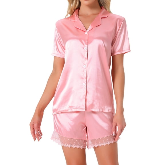 INSPIRE CHIC Womens Satin Silky Pajamas Set Button Down Pj Set 2 Piece Short Sleeve Sleepwear with Shorts Lace Trim Loungewear XL Pink