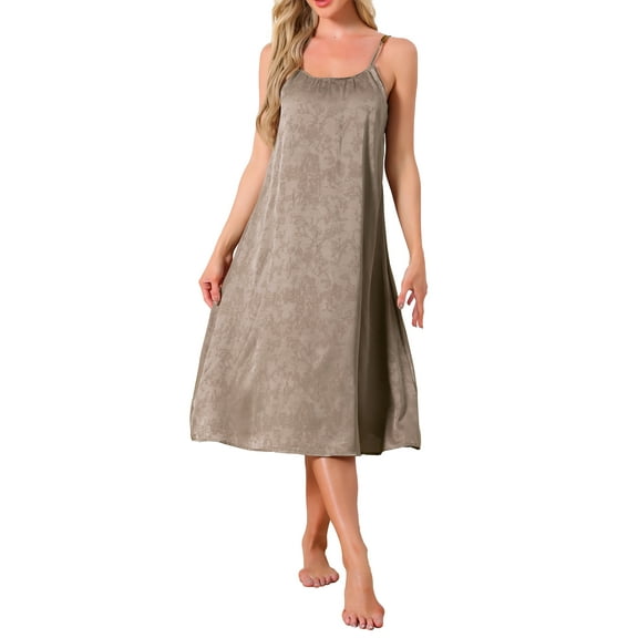 INSPIRE CHIC Womens Satin Sleeveless Pajama Dress Spaghetti Strap Silky Full Slip Midi Nightgown XL Khaki