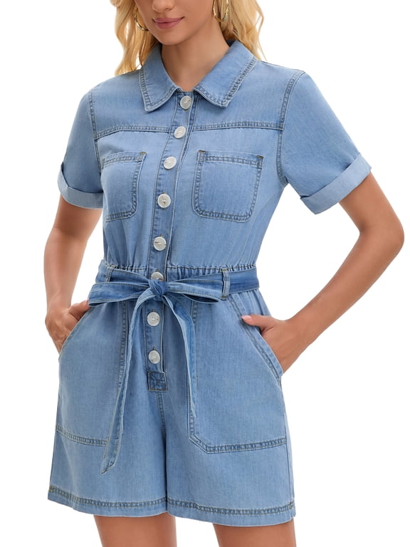 Womens Short Sleeve Denim Jumpsuit Button Down Elastic Waist Jean Romper Shorts M Blue