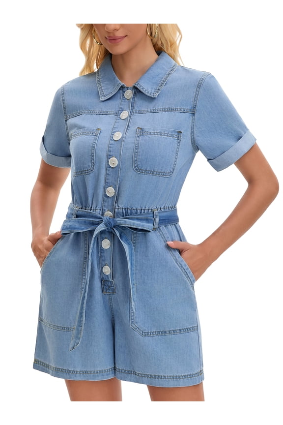 Womens Short Sleeve Denim Jumpsuit Button Down Elastic Waist Jean Romper Shorts XL Blue
