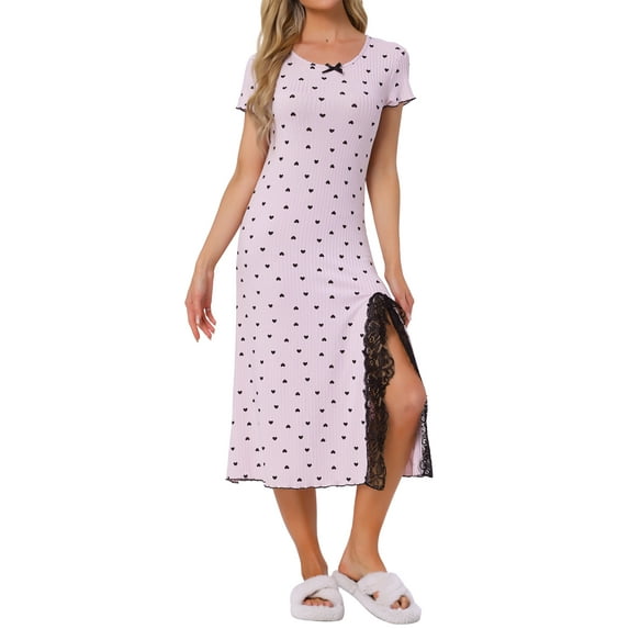 DARING DIVA Women's Short Sleeves Sleepwear Heart Print Lace Trim Slit Side Nightshirt Ribbed Knit Long Nightgowns L Purple