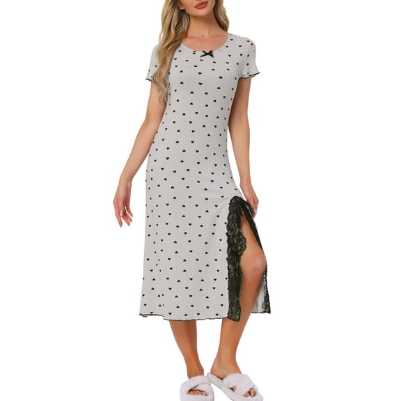 DARING DIVA Women's Valentines Day Short Sleeves Sleepwear Heart Print Lace Trim Slit Side Nightshirt Ribbed Knit Long Nightgowns XS Gray