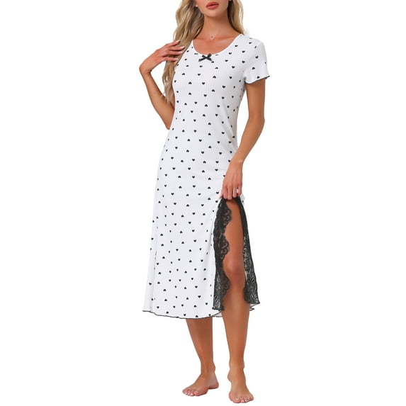 DARING DIVA Women's Short Sleeves Sleepwear Heart Print Lace Trim Slit Side Nightshirt Ribbed Knit Long Nightgowns XS White