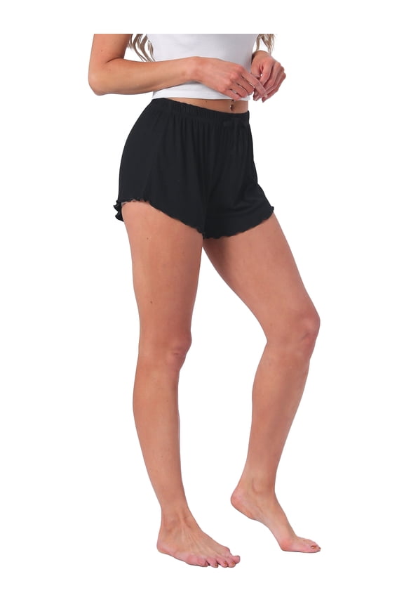 Womens Shorts Scalloped Hem Elastic Waist Adjustable Drawstring Ruffle Soft Cozy Sleepwear L Black