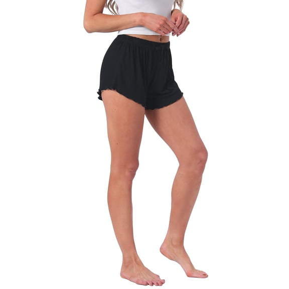 INSPIRE CHIC Womens Shorts Scalloped Hem Elastic Waist Adjustable Drawstring Ruffle Soft Cozy Sleepwear S Black