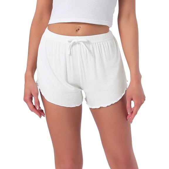 INSPIRE CHIC Womens Shorts Scalloped Hem Elastic Waist Adjustable Drawstring Ruffle Soft Cozy Sleepwear S White