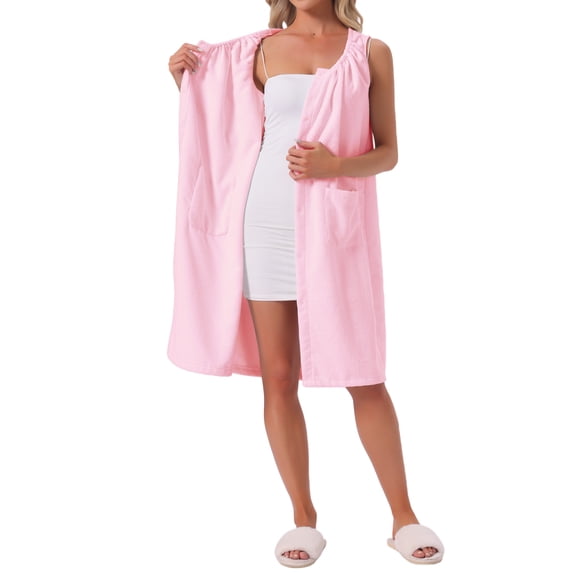 INSPIRE CHIC Womens Shower Towel Snaps Wearable Dress Terry Wrap Bathrobe Spa Towelling Cover Up Gym Shower Bath Robe M Pink