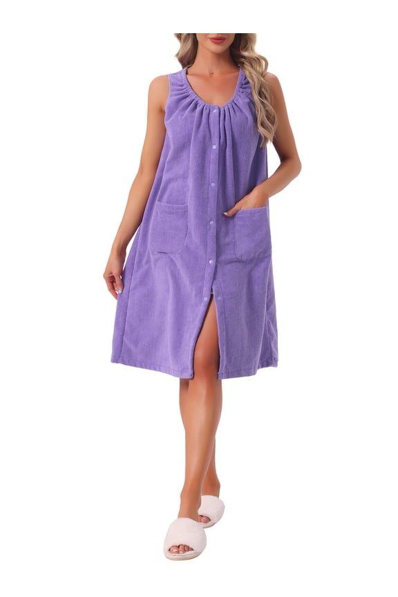 Womens Shower Towel Snaps Wearable Dress Terry Wrap Bathrobe Spa Towelling Cover Up Gym Shower Bath Robe M Purple