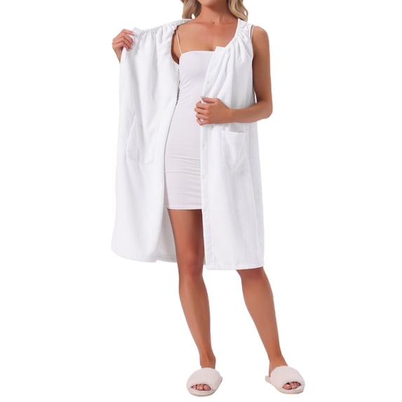 INSPIRE CHIC Womens Shower Towel Snaps Wearable Dress Terry Wrap Bathrobe Spa Towelling Cover Up Gym Shower Bath Robe M White