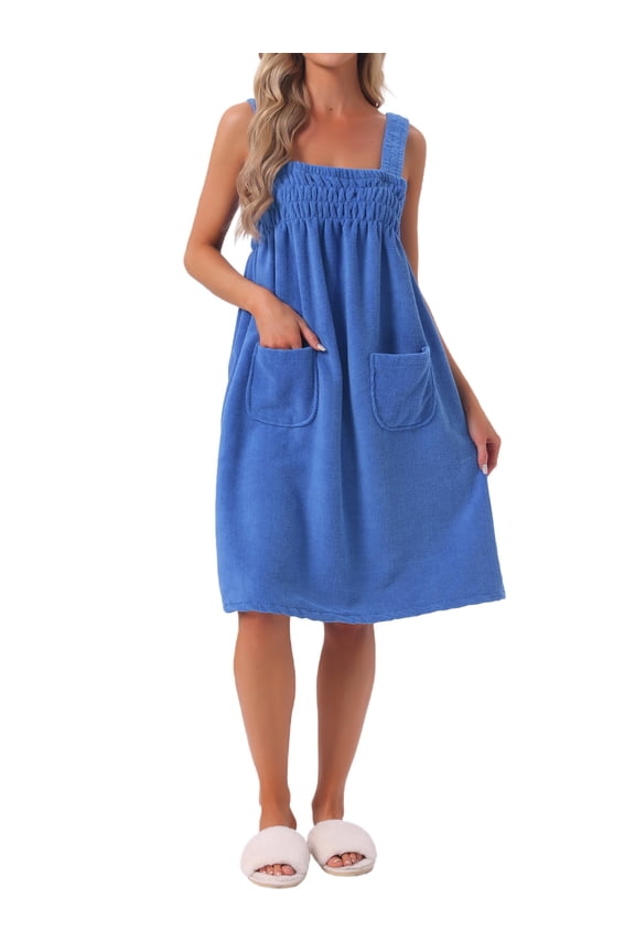 Womens Shower Towels Cover Up Wrap Wearable Bathrobe Around Towel Straps Spa Body Robe S Blue