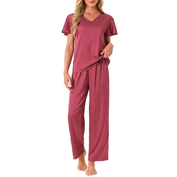 INSPIRE CHIC Women's Silky Satin Pajama Set 2 Piece Ruffle Short Sleeve Top and Long Pants Sleepwear Loungewear Sets XL Red