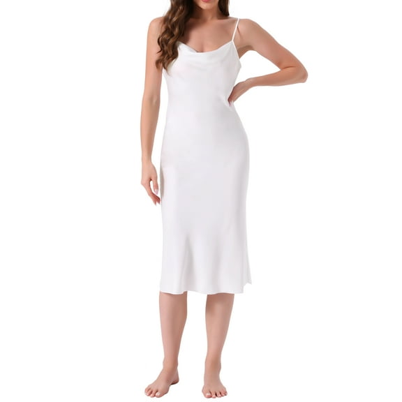 INSPIRE CHIC Womens Sleepdress Satin Silky Fishtail Hem Cowl Neck Sleeveless Spaghetti Strap Midi Lounge Chemise Nightgown L White