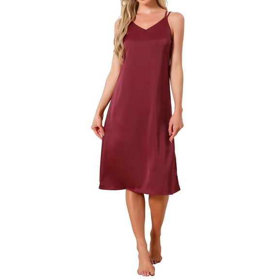 INSPIRE CHIC Womens Sleepdress Satin Sleeveless Double Spaghetti Strap Criss Cross Back Sexy V Neck Midi Lounge Nightgown S Red