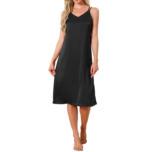INSPIRE CHIC Womens Sleepdress Satin Sleeveless Double Spaghetti Strap Criss Cross Back Sexy V Neck Midi Lounge Nightgown XS Black