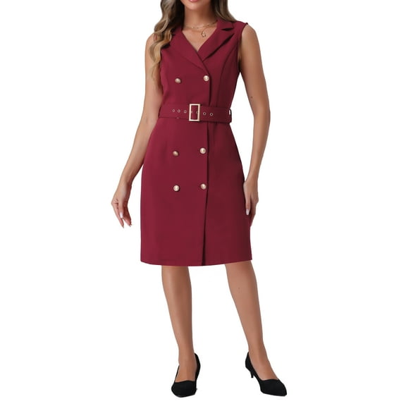 INSPIRE CHIC Women's Dress Sleeveless Notched Lapel Double Breasted Belted Work Office Blazer Dresses L Wine Red