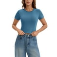 thumbnail image 1 of INSPIRE CHIC Womens Summer Basic Tees Crop Tops Short Sleeve Seamed Crewneck Tight Tops Workout Y2k T Shirts M Blue, 1 of 5