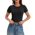 thumbnail image 1 of INSPIRE CHIC Womens Summer Basic Tees Crop Tops Short Sleeve Seamed Crewneck Tight Tops Workout Y2k T Shirts XL Black, 1 of 5