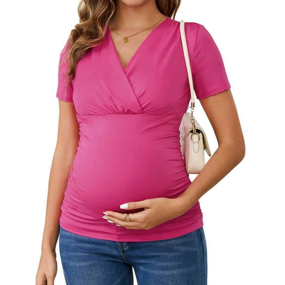 INSPIRE CHIC Womens Summer Nursing Blouse V Neck Short Sleeve Breastfeeding Pregnancy Tops Ruched T-Shirts Large Hot Pink