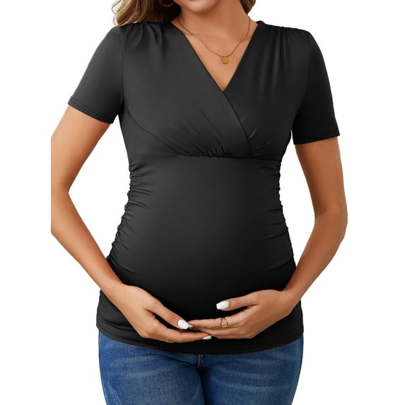 INSPIRE CHIC Womens Summer Nursing Blouse V Neck Short Sleeve Breastfeeding Pregnancy Tops Ruched T-Shirts Small Black