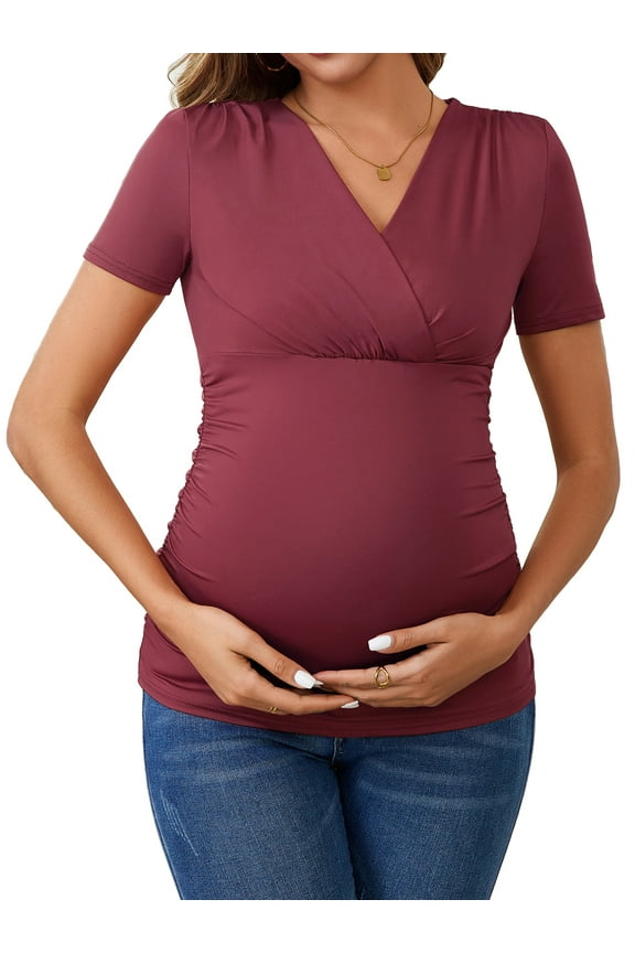 Womens Summer Nursing Blouse V Neck Short Sleeve Breastfeeding Pregnancy Tops Ruched T-Shirts Small Red