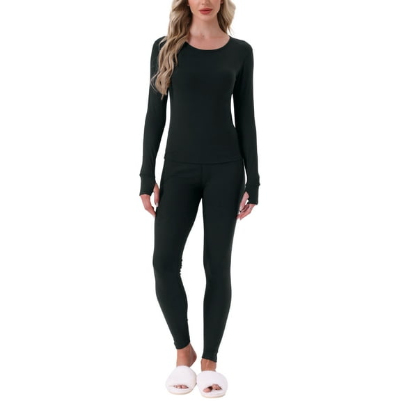 INSPIRE CHIC Womens Thermal Underwear Sets Thumbholes Long Sleeve with Leggings Winter Cold Base Layer Pajamas Set L Black