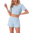 thumbnail image 1 of INSPIRE CHIC Women's Pajama Sets Short Sleeves Knit Button Down Crop Tops with Shorts 2 Piece Y2K Loungewear S Blue, 1 of 6