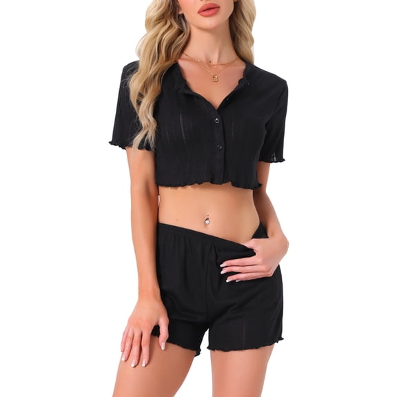 INSPIRE CHIC Women's Pajama Sets Short Sleeves Knit Button Down Crop Tops with Shorts 2 Piece Y2K Loungewear XS Black