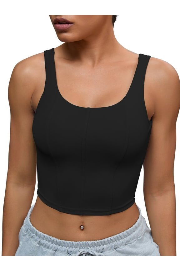 Womens U Back Longline Padded Sports Bra Cami Crop Workout Fitness Tank Top with Built in Bra XL Black