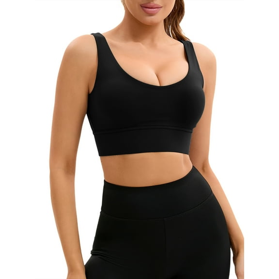 INSPIRE CHIC Womens U Back Sports Bras V-Neck Padded Workout Crop Top with Built in Bra XS Black