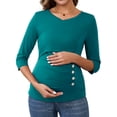 thumbnail image 1 of INSPIRE CHIC Womens V Neck Blouse 3/4 Sleeves Nursing Shirts Solid Ribbed Knitted Buttons Decor Ruched Maternity Tops Large Peacock Blue, 1 of 6