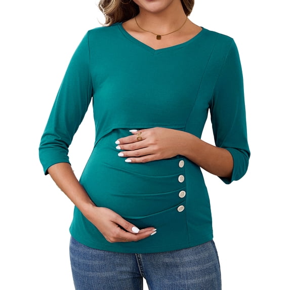 INSPIRE CHIC Womens V Neck Blouse 3/4 Sleeves Nursing Shirts Solid Ribbed Knitted Buttons Decor Ruched Maternity Tops Large Peacock Blue