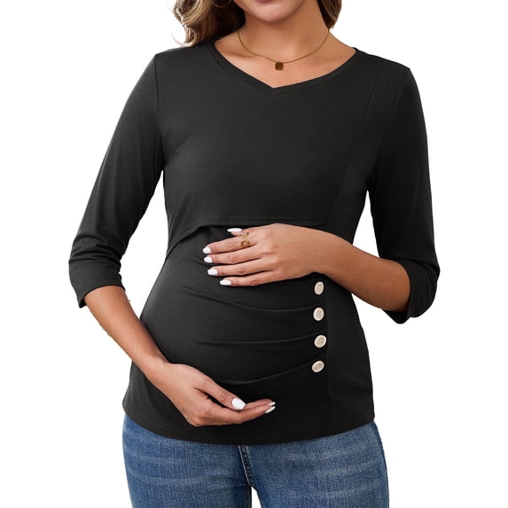 INSPIRE CHIC Womens V Neck Blouse 3/4 Sleeves Nursing Shirts Solid Ribbed Knitted Buttons Decor Ruched Maternity Tops Medium Black