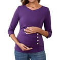 thumbnail image 1 of INSPIRE CHIC Womens V Neck Blouse 3/4 Sleeves Nursing Shirts Solid Ribbed Knitted Buttons Decor Ruched Maternity Tops Medium Purple, 1 of 6